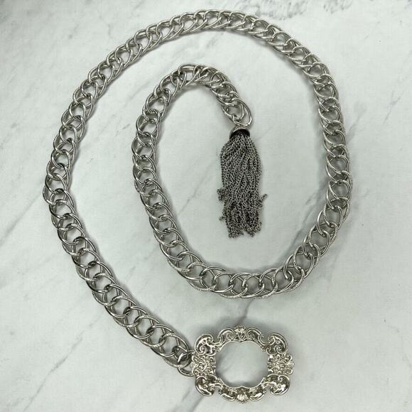 Silver Tone Open Buckle Tassel Metal Chain Link Belt One Size (OS) Y2K ✨ - Picture 1 of 12